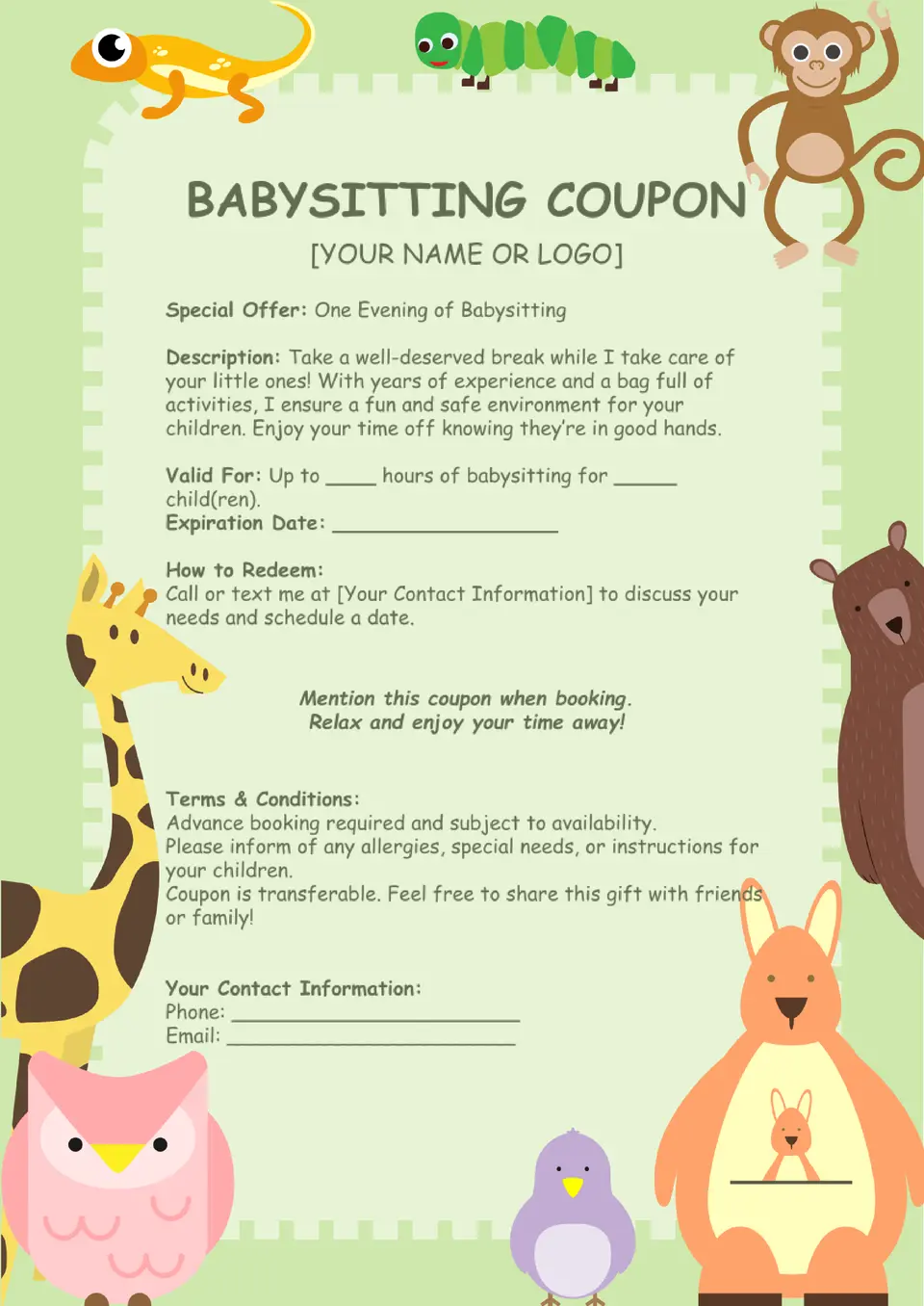 free babysitting coupon template for google docs